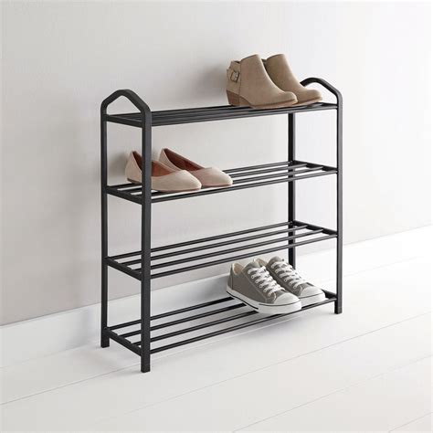 Mainstays shoe rack - Mainstays 4-Tier 24-Pair Adjustable Shoe and Boot Rack is designed and finely crafted with selected iron poles and plastic connectors. This shoe rack is of simple structure and yet practical and functional, which is perfect for adult men women and kids shoes. 2 assembling ways enable versatile storage needs and holds up to 24 pairs of shoes in an easily accessible spot, while keeping them off ... 
